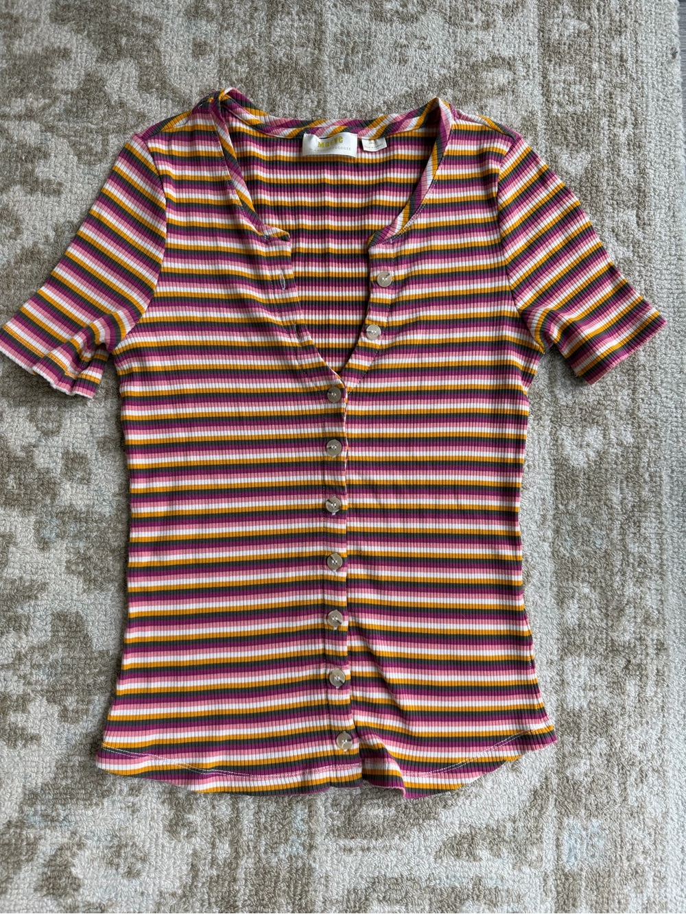 Anthro Striped Short-Sleeve Button-Front Top in Pink and Yellow